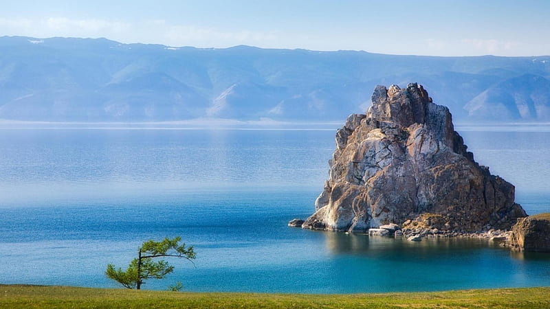 magnificent lake baikal, sapling, rock, lake, mountains, HD wallpaper