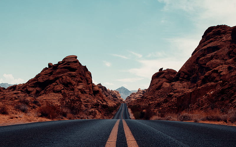 asphalt road, Arizona, evening, sunset, red rocks, road among the rocks, USA, HD wallpaper