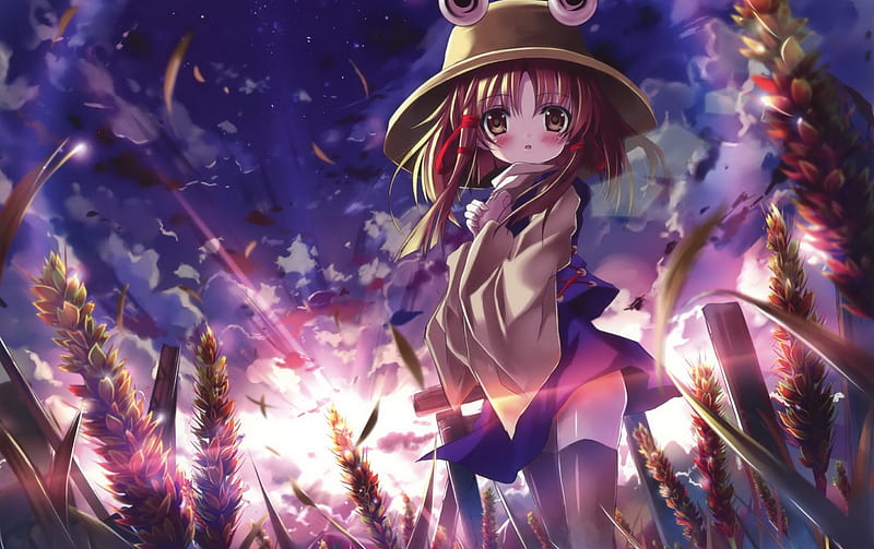 Destination , Wonderful Sky, Video Game, Touhou, Red Hair Accessory, Grass, bonito, Eefy, Golden Eyes, Field, Nature, Blush, Landscape, Big Hat, Moriya, Farm, Surprised, Light, Ray of Light, Amazing, Suwaka, Short Hair, Beauty, Clouds, Hope, Black High Socks, Destination, Confused, Anime, Frog Hat, Shino, Sweet, Purple Sky, Blonde, Girl, Hat, Corns, Crops, Bright, Scenery, Lovely, Wonderful, Outfit, Cute, Ray, Sun, Ribbons, HD wallpaper