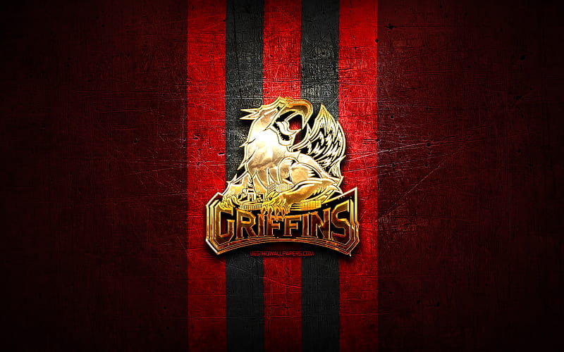 Grand Rapids Griffins, golden logo, AHL, red metal background, american hockey team, American Hockey League, Grand Rapids Griffins logo, hockey, USA, HD wallpaper