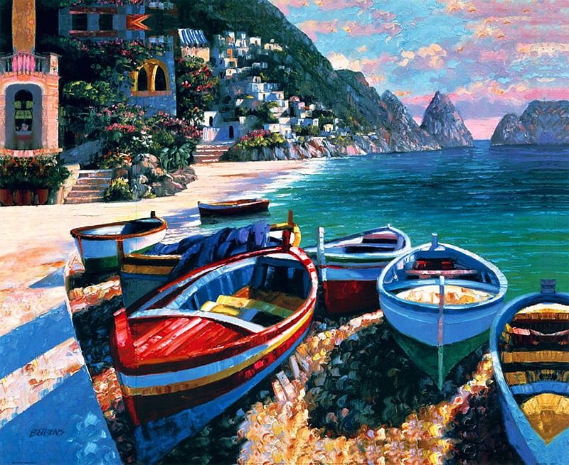 Capri Cove, beach, boats, painting, island, artwork, sea, italy, HD wallpaper
