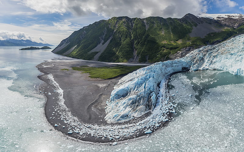 glacier, coast, mountain landscape, ice, spring, Alaska, USA, HD wallpaper