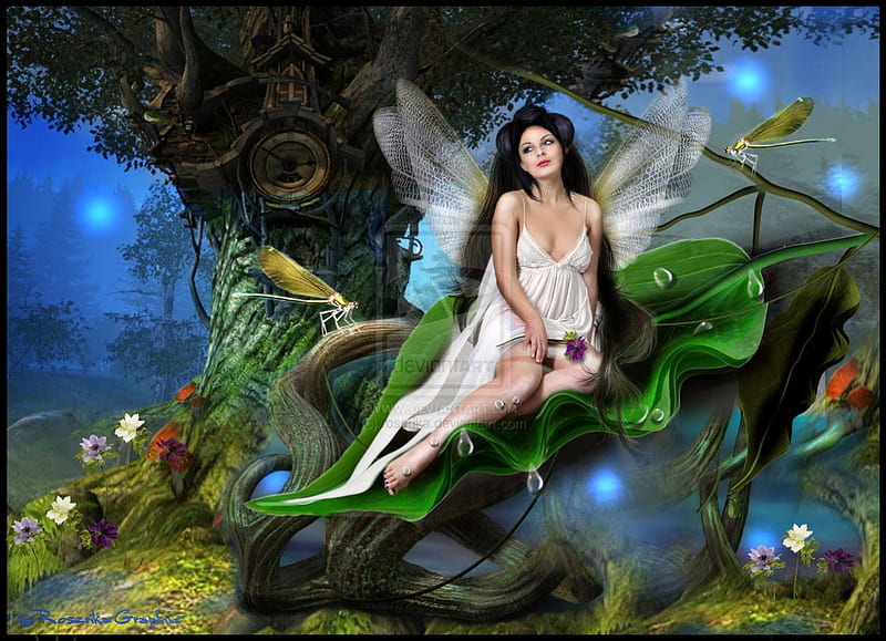 **Butterfly Girl in Jungle**, pretty, colorful, glow, manipulation, dazzling, bonito, digital art, women, glanced, sparkle, leaves, splendor, people, jungle, flowers, forests, girls, gorgeous, night, female, wings, models, lovely, colors, butterflies, trees, Fantasy, fireflies, cool, dragonflies, HD wallpaper