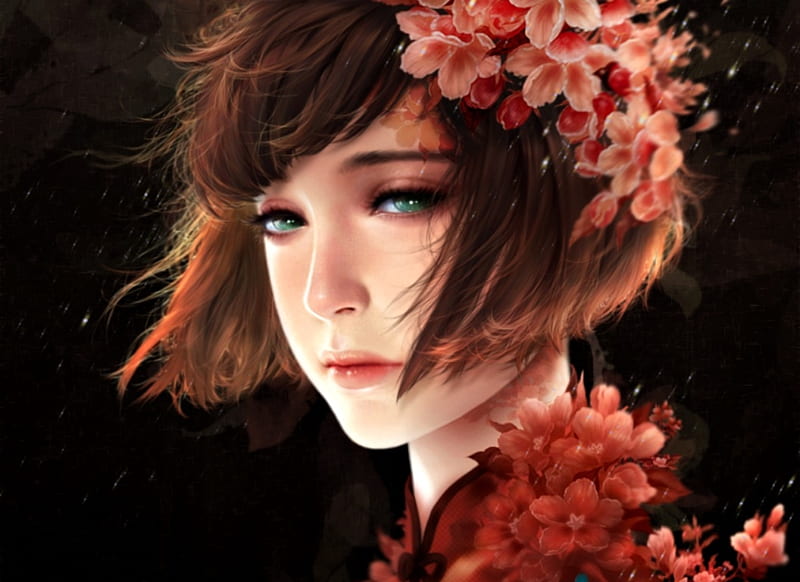 Wind of spring, red, art, luminos, wind, black, spring, fantasy, girl ...