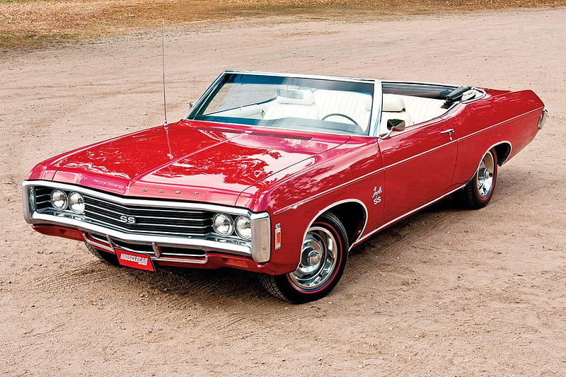 1969-Chevy-Impala, Conv, Red, GM, Bowtie, HD wallpaper