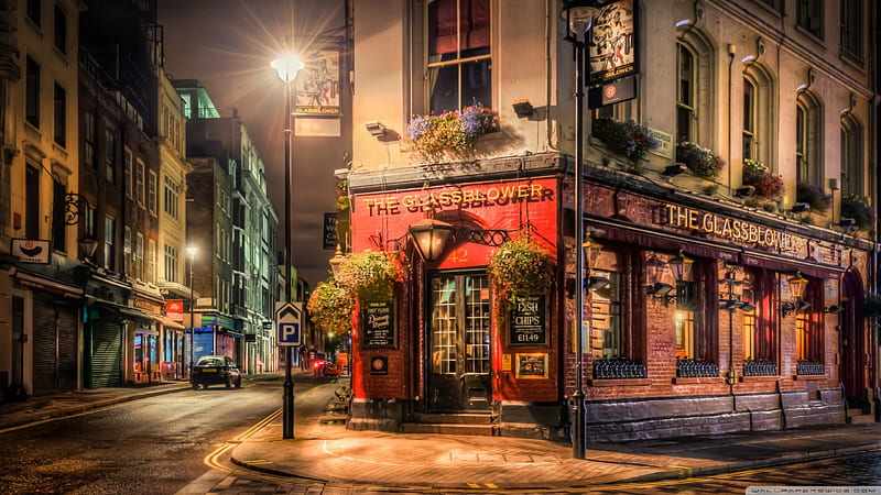 Pub on a London Street, architecture, pub, buildings, london, night, HD wallpaper
