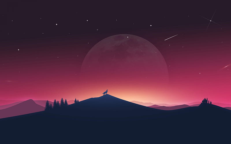 Moonlight, red, moon, black, abstract, silhouette, fantasy, moon, lup, wolf, pink, HD wallpaper