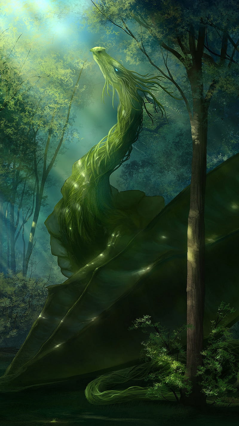 Green dragon, animal, drawings, fantasy, forest, green forest, HD phone wallpaper