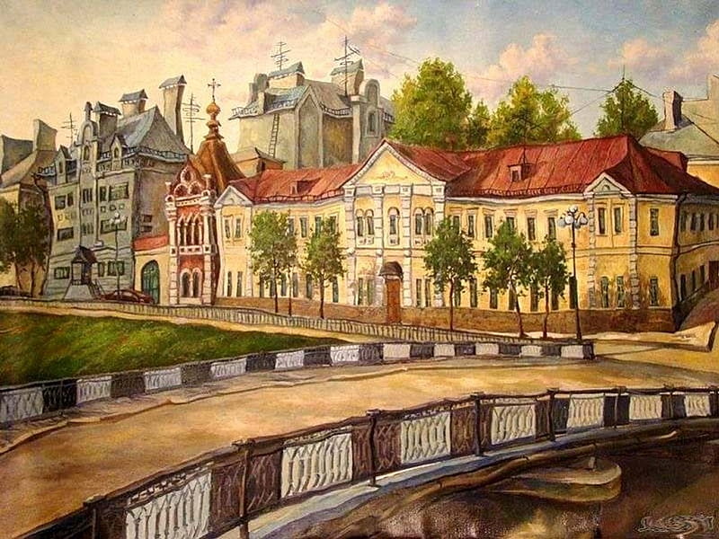 R.Sabirov. Kazan. Bulak, building, painting, art, street, HD wallpaper