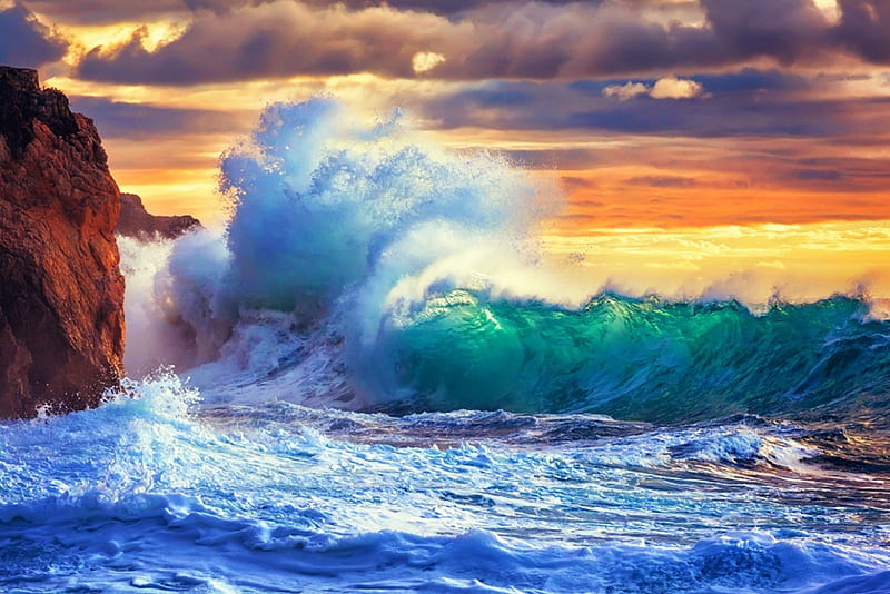 Rough Sea, rocks, bonito, sunset, amazing wave, clouds, sky, coast, sea, HD wallpaper