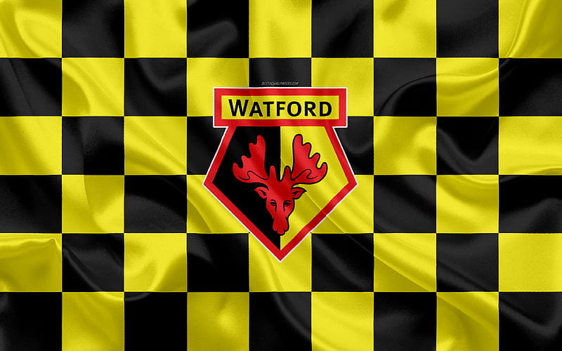 Watford FC logo, creative art, black and yellow checkered flag, English football club, Premier League, emblem, silk texture, Watford, UK, England, HD wallpaper
