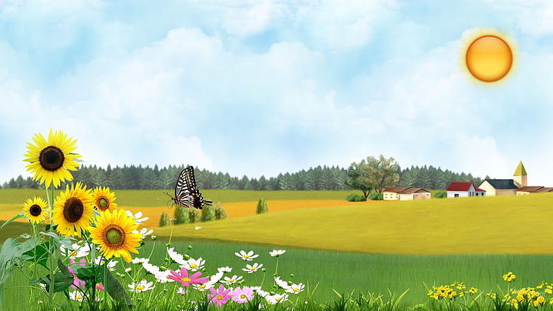 Sunflower Ranch, ranch, country, trees, sky, farm, daisies, person, butterfly, sunflowers, sunshine, field, HD wallpaper