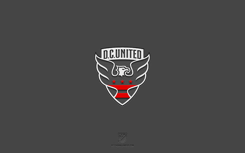 DC United, gray background, American soccer team, DC United emblem, MLS, Washington, USA, soccer, DC United logo, HD wallpaper
