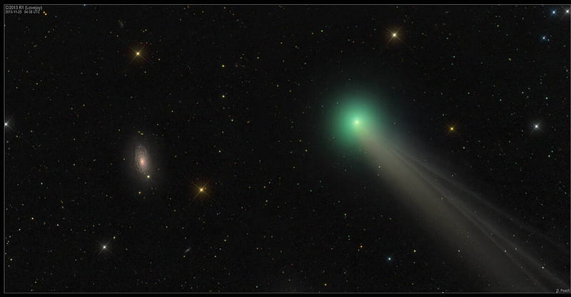 Comet Lovejoy Before Galaxy M63, stars, comet, space, fun, galaxy, HD wallpaper