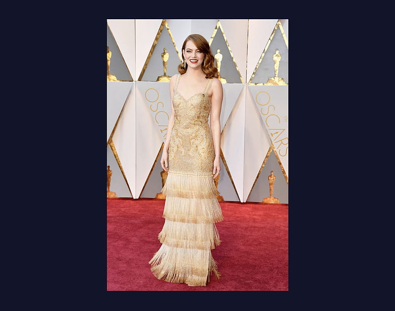 Emma in Flapper Gold, v-neck, grey diamonds, gold ring, styled, gold man, shimmery, red-hair, flapper, gold, Academy Awards, Oscars, red carpet fashion, cream walls, Emma Stone, 2786x2198, HD wallpaper