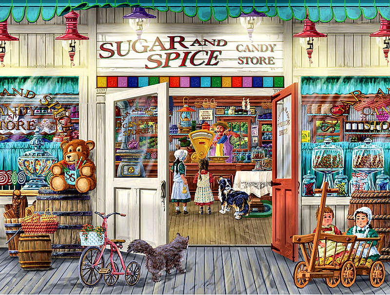Sugar and Spice F, architecture, bonito, illustration, artwork, stores, canine, teddy bears, painting, wide screen, little girl, shops, scenery, art, cityscape, pets, feline, cats, dogs, HD wallpaper