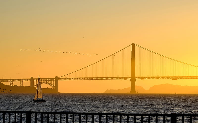 Golden Gate Bridge, evening, sunset, sailboat, Golden Gate Strait, San Francisco, California, USA, HD wallpaper