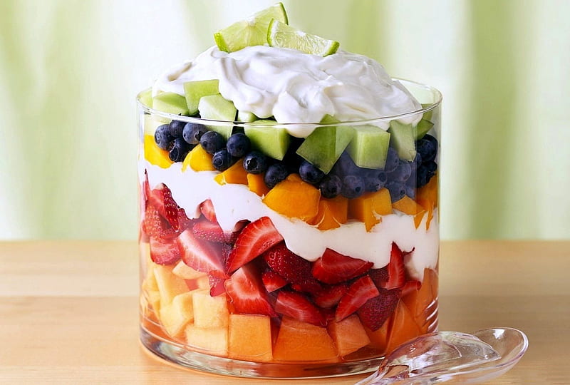 Fruit Salad, fruits, jar, salad, whipped, cream, HD wallpaper
