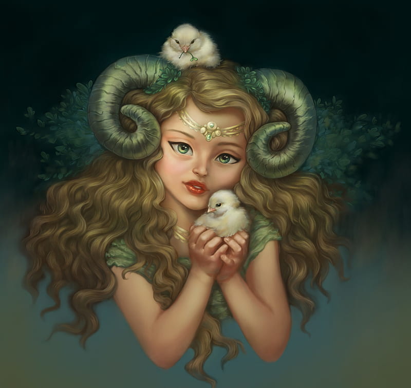 Princess Cordelia, art, fantasy, luminos, girl, ines merino, chicks, horns, green, HD wallpaper