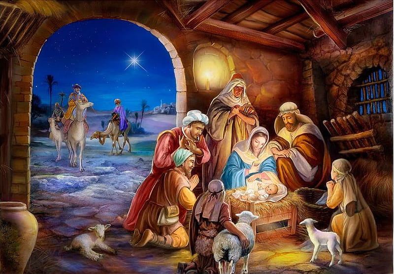 Holy Family, bethlehem, sheep, christmas, people, painting, stable, camels, night, HD wallpaper