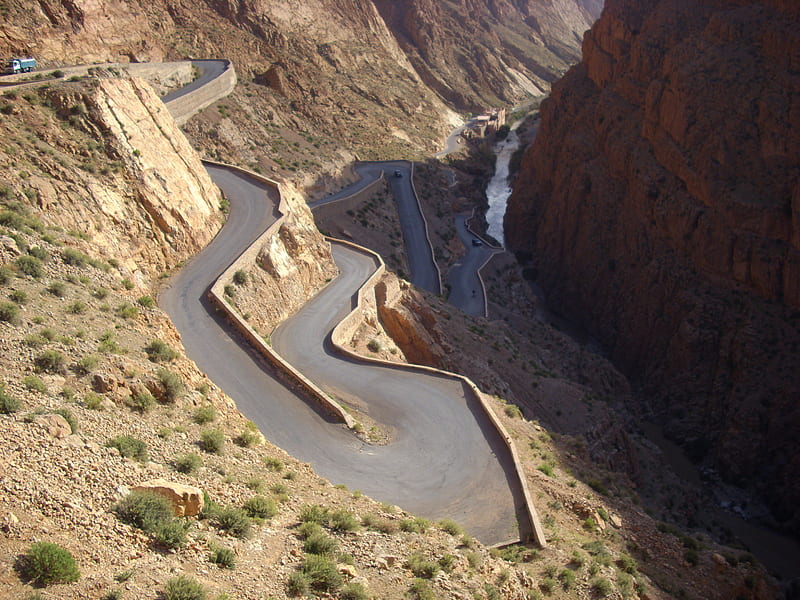 Gorge road, rock, morocan, gorge, twisty, valley, mountain, morocco, windy, river, road, HD wallpaper