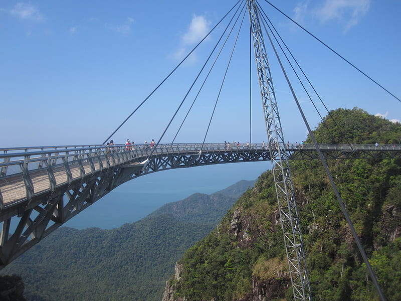Skybridge on Langkawi Malaysia, height, malaysia, view, high, trees, sky, suspensionbridge, bridge, jungle, blue, HD wallpaper