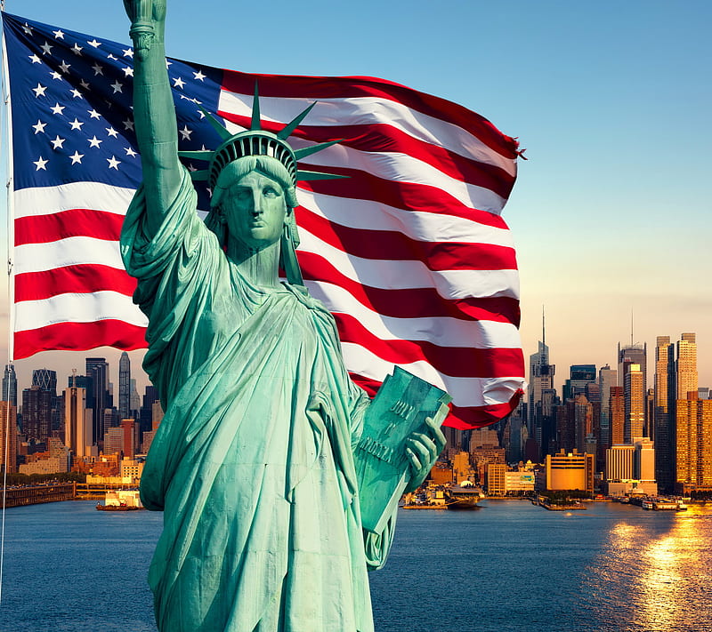 New York City, flag, new york, statue of liberty, usa, HD wallpaper