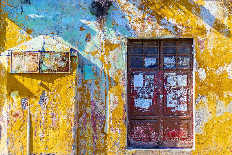 yellow, white, and teal painted concrete wall with red wooden 2-door window, HD wallpaper