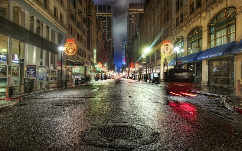 47th St in NYC on a rainy night r, city, r, rain, night, HD wallpaper