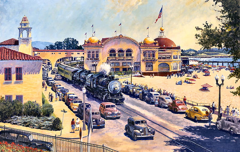 Santa Cruz Train, railroad, art, locomotive, bonito, illustration, artwork, train, engine, painting, wide screen, tracks, HD wallpaper