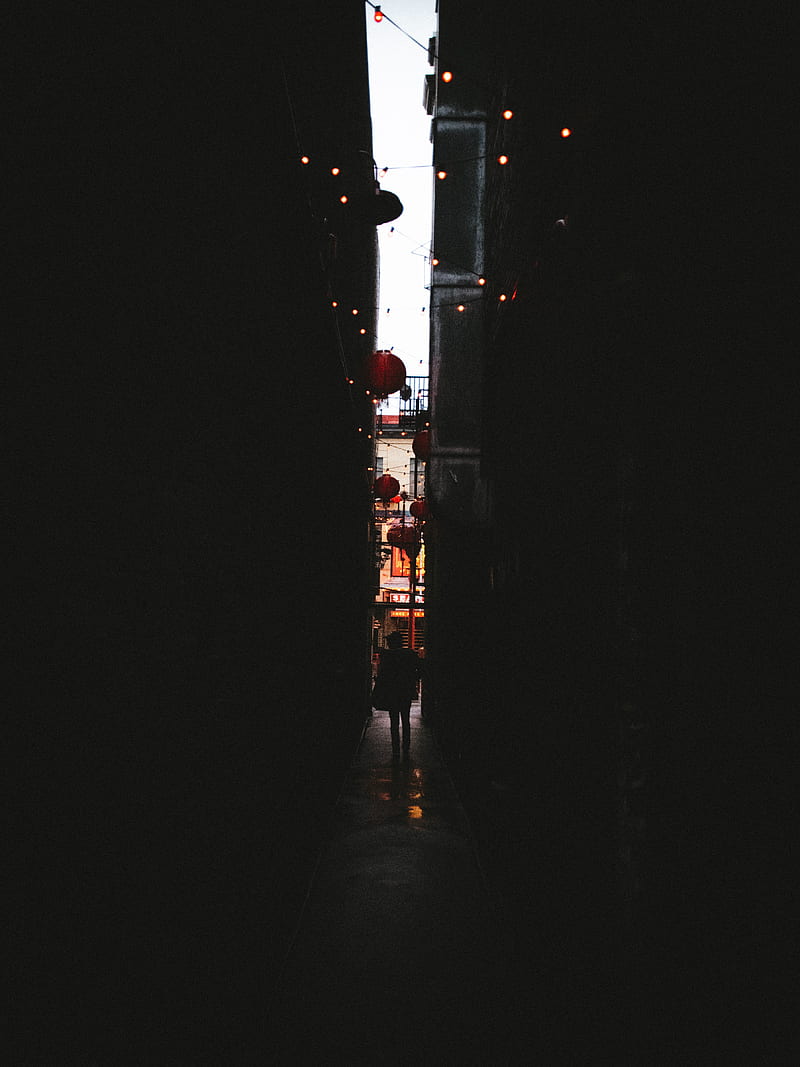 alleyway, dark, silhouette, garland, lanterns, HD phone wallpaper