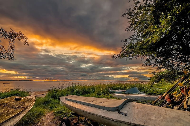 Armageddon Sunset, Veddelev, Denmark, boat, colors, clouds, sky, sea, HD wallpaper