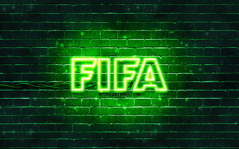 FIFA green logo green brickwall, FIFA logo, football simulator, FIFA neon logo, FIFA, HD wallpaper