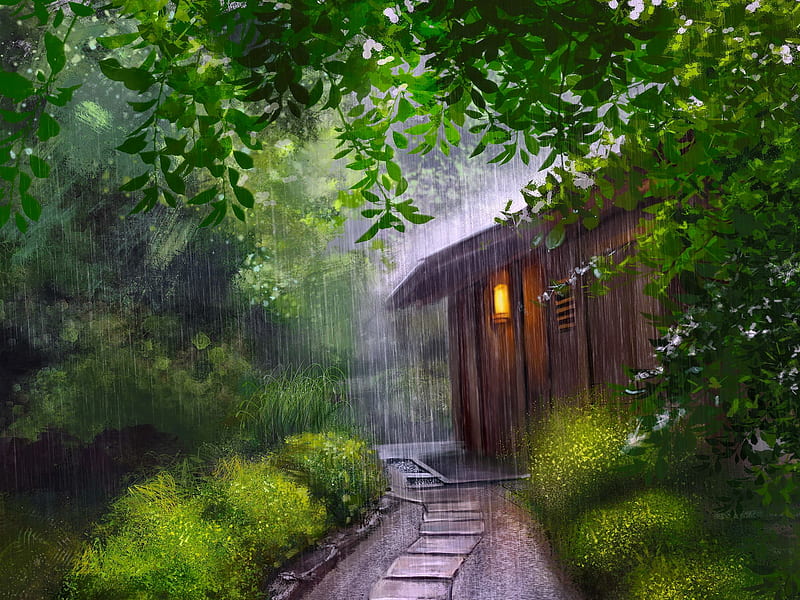 Rainy day, forest, cottage, day, bonito, rain, trees, HD wallpaper