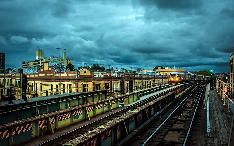 nyc subway el (above ground), city, train, clouds, tracks, HD wallpaper