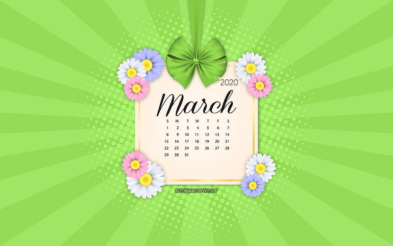 2020 March Calendar, green background, spring 2020 calendars, March, 2020 calendars, retro style, March 2020 Calendar, HD wallpaper