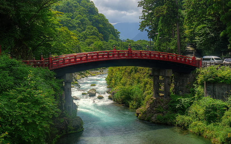 mountain landscape, gorge, mountain river, Japanese bridge, japan, beautiful nature, HD wallpaper