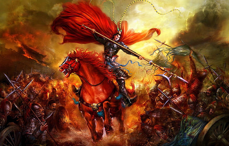 Warrior Lu Bu defending Hu-Lao Gate, man, chinese, horse, red, art, cal, warrior, battle, asian, fight, painting, pictura, HD wallpaper