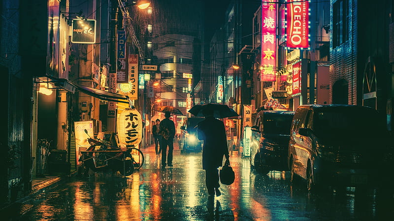 japan, raining, people, buildings, reflection, scenic, City, HD wallpaper