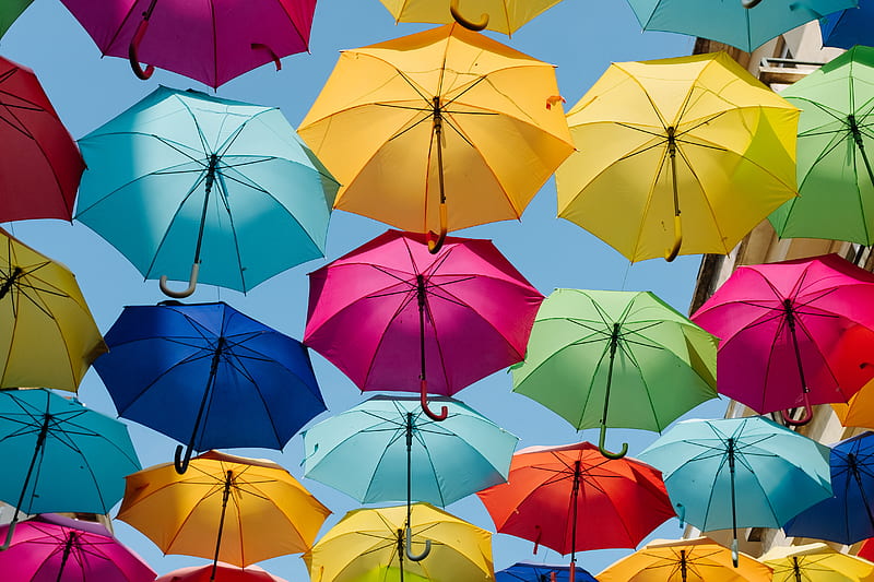 assorted-color umbrella hanging in the air, HD wallpaper