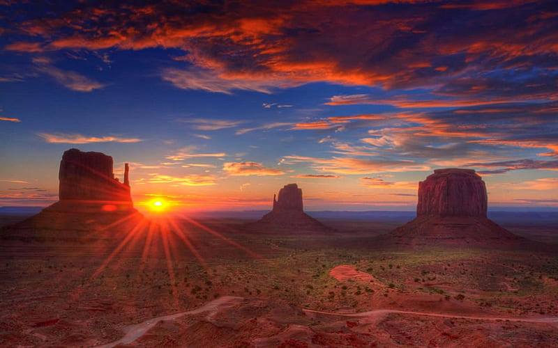Monument Valley National Park, Utah, sun, usa, sunset, clouds, landscape, HD wallpaper