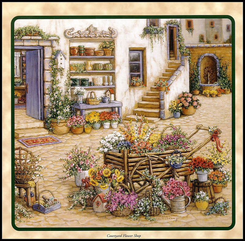 The Courtyard, fountain, house, garden cartstairs, shed, pots, chairs, flowers, gardens, tools shelves, HD wallpaper