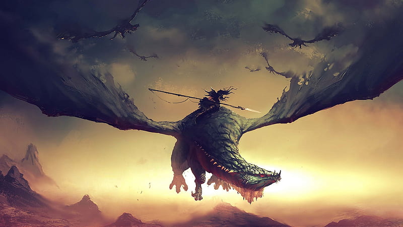 Fantasy Dragon Is Flying Above With A Man On Back Dreamy, HD wallpaper