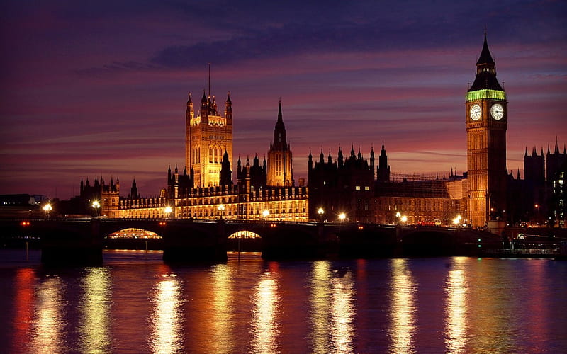 London at Night, architecture, clock, buildings, london, HD wallpaper