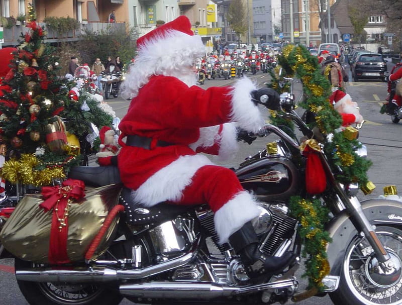 Harley Christmas, christmas, santa claus, harley, motorcycle, HD wallpaper