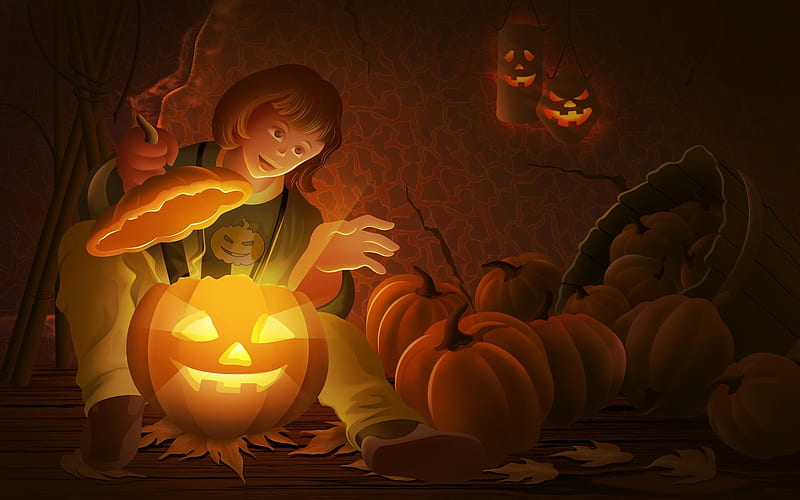 Little girl and pumpkin-Halloween Illustration Design, HD wallpaper