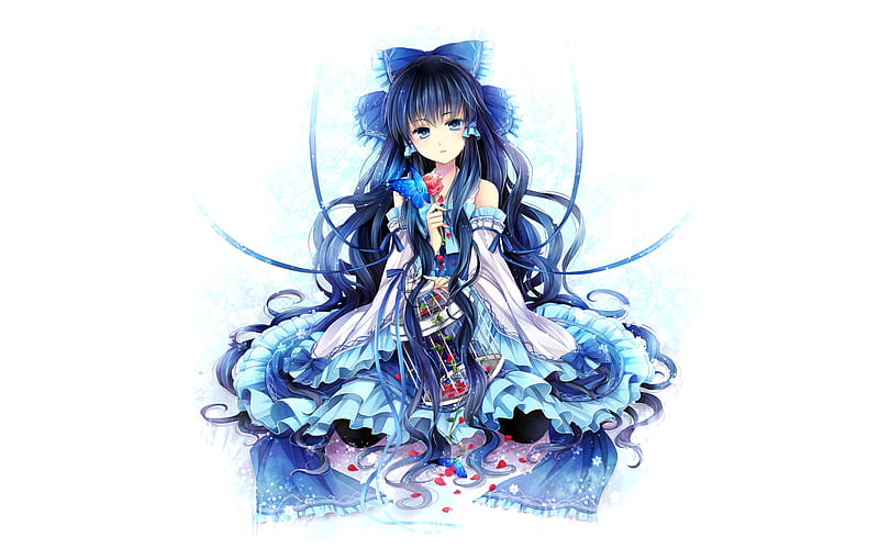 Blue Dress Beauty, female, dress, hakurei reimu, anime, birdcage, touhou, beauty, blue, HD wallpaper