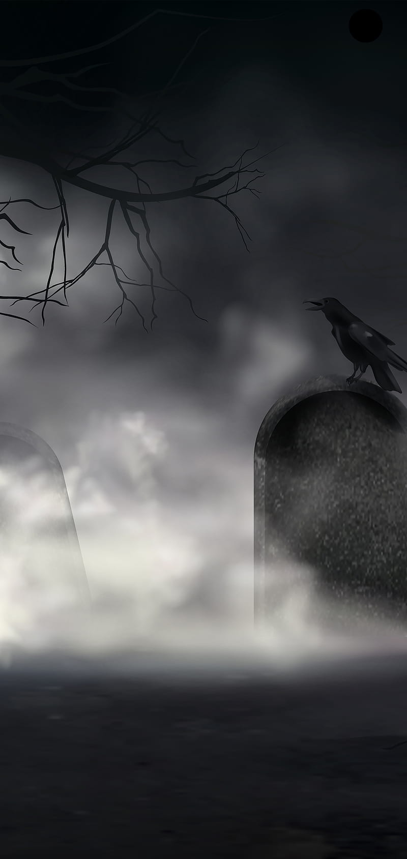 Cemetery Bird, Kiss, crow, dark, fog, grave, halloween, hallows eve, headstone, raven, s10 cutout, smoke, tombstone, tree, HD phone wallpaper