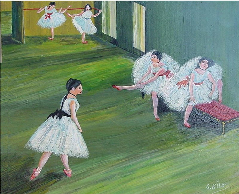 Ballet lesson, oil painting by Saad Antoine kilo, art, female, oil paintings, people, ballet, dance, lesson, women, HD wallpaper