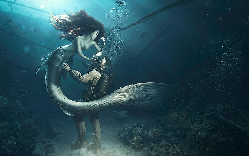 Diver and The Mermaid, creative, HD wallpaper